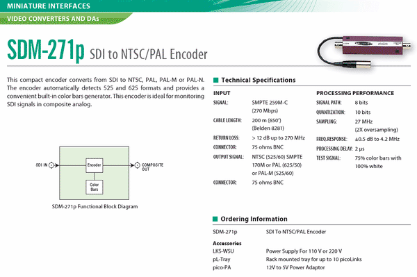 Miranda picoLink SDM-271p SDI to NTSC/PAL 525/625 Line Converter w/Color Bar Gen [Used]