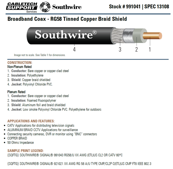 Southwire 991041 1000Ft RG58 50 Ohm Coaxial Cable 20 AWG (Belden 9104 Equiv. )-www.prostudioconnection.com