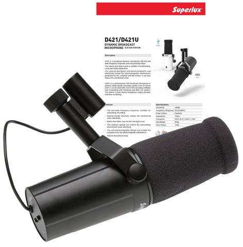 Superlux D421 Cardioid Dynamic Vocal Broadcast Microphone XLR - Shure SM7B Clone-www.prostudioconnection.com