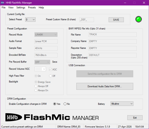 HHB DRM85 Flash Mic ENG Digital Recording Condenser Cordless Microphone USB-www.prostudioconnection.com