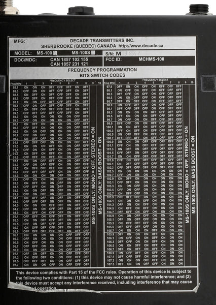 Decade MS-100 FM Mono Professional Low Power Audio Transmitter PL-259 SO-239-www.prostudioconnection.com