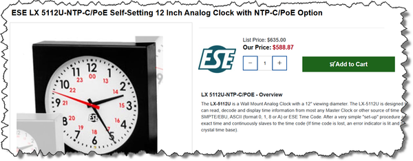 ESE LX-5112U NTP Client PoE Self-Setting 12" Analog Studio Timecode Wall Clock-www.prostudioconnection.com