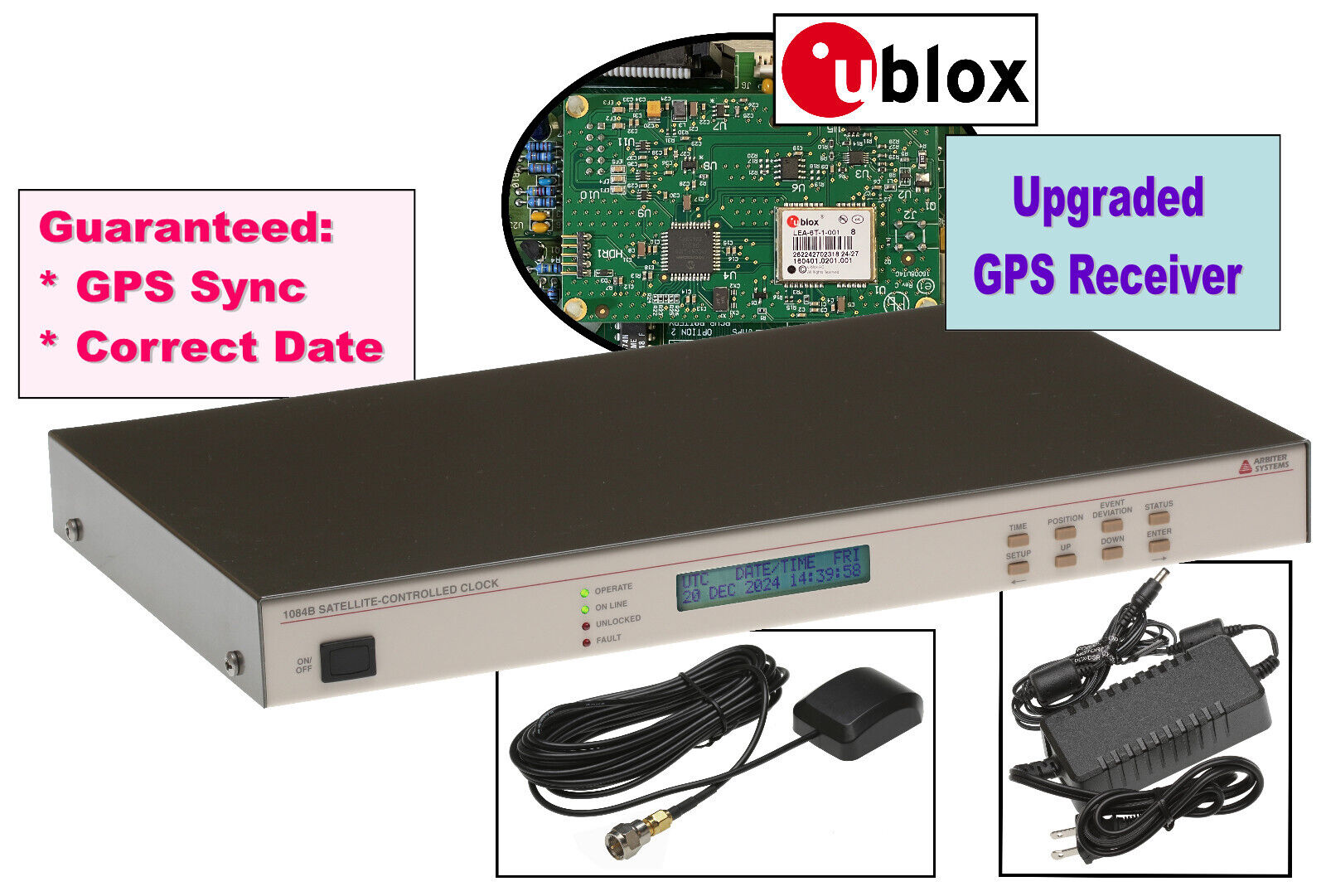 Arbiter Systems 1084B Opt20 UPGRADED GPS Clock LCD Display ST Fiber Optic IRIG-B [Refurbished]-www.prostudioconnection.com