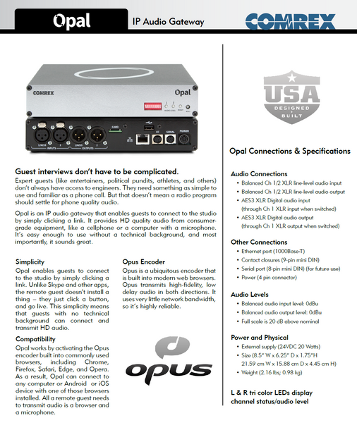 Comrex Opal Broadcast Digital Wideband Codec 2-Line Opus Audio Over IP Endpoint-www.prostudioconnection.com