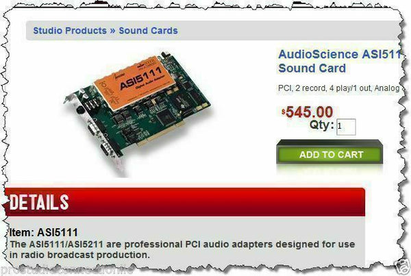 AudioScience ASI5111 Broadcast Balanced Analog Sound Card with Mic Preamp + DB9s [Refurbished]-www.prostudioconnection.com