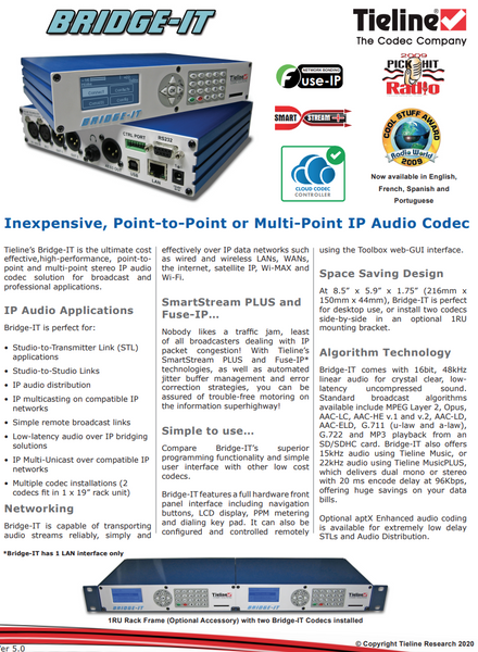 Tieline Bridge-IT Audio Over IP AAC Codec Internet AoIP SIP Endpoint TLB5100 [Used]-www.prostudioconnection.com