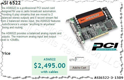 AudioScience ASI6522 PCI Broadcast AES Digital Balanced Analog Mutichannel Card-www.prostudioconnection.com