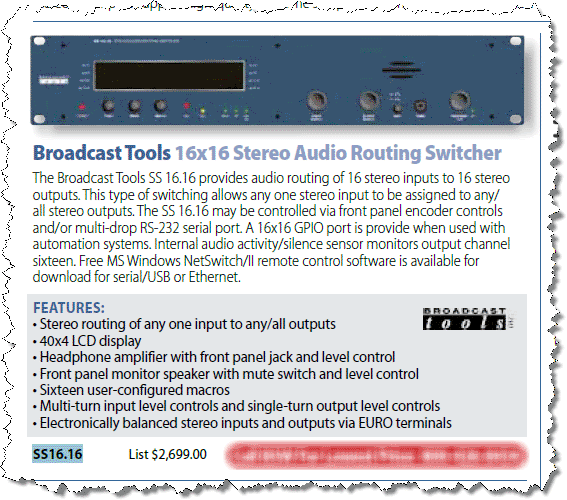 Broadcast Tools SS16.16 Balanced Analog Stereo Audio Automation Switcher Router-www.prostudioconnection.com