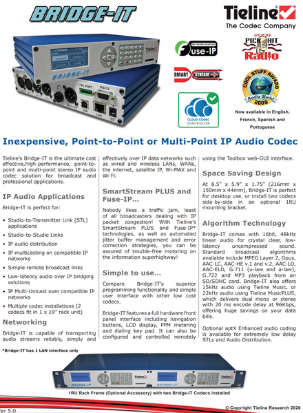 Tieline Bridge-IT TLB5100 Audio Over IP AAC Codec Internet AoIP SIP Endpoint-www.prostudioconnection.com
