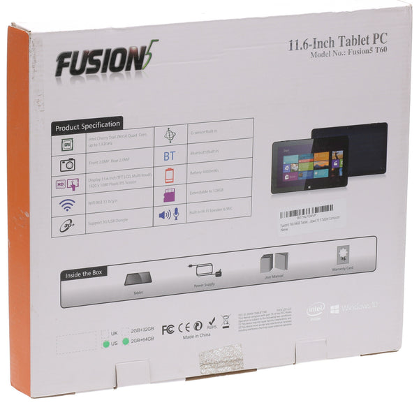 Fusion5 11.6” T60 Intel Z8350 64GB FHD 1920 x 1080 Tablet PC Windows 10 w/ PSU [Used]-www.prostudioconnection.com
