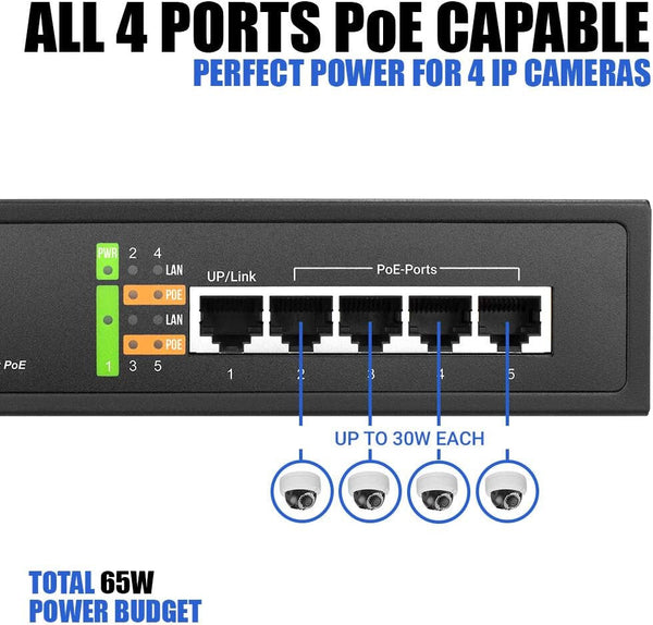 BV-Tech 5 Port POE-SW501 Network Switch 65W 48V 802.3af Power Over Ethernet NEW! [New]-www.prostudioconnection.com