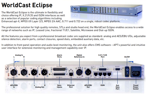 Worldcast Eclipse APT-X Broadcast AES Digital Audio STL Stereo Codec AoIP ISDN-www.prostudioconnection.com