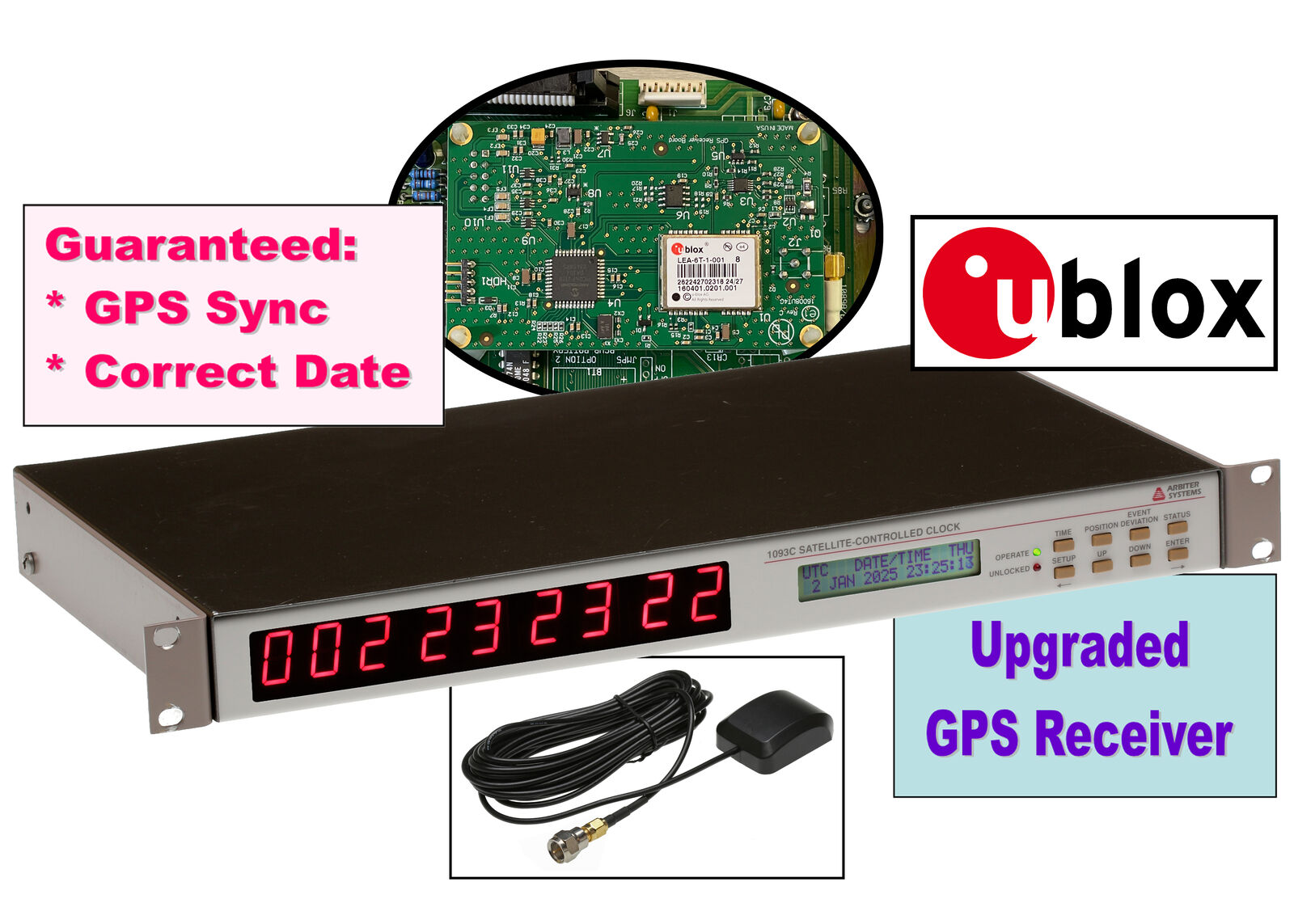 Arbiter Systems 1093C Opt 28 UPGRADED GPS Atomic Time Clock Receiver LED Display [Refurbished]-www.prostudioconnection.com