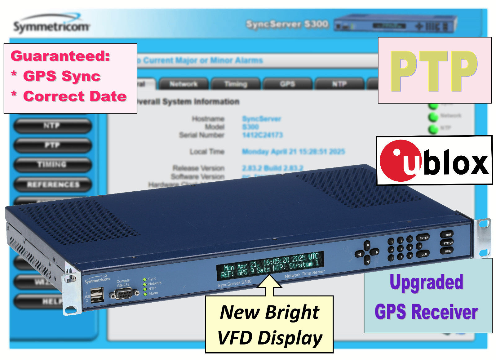 Symmetricom SyncServer S300 PTP UPGRADED GPS NTP Network Time Server NEW DISPLAY-www.prostudioconnection.com