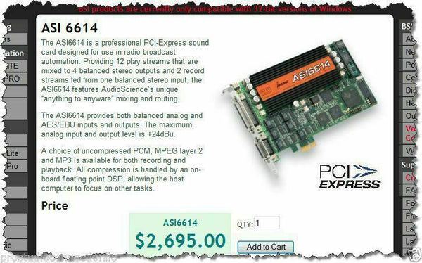 AudioScience ASI6614 Broadcast Multichannel PCIe AES Digital Sound Card Balanced-www.prostudioconnection.com