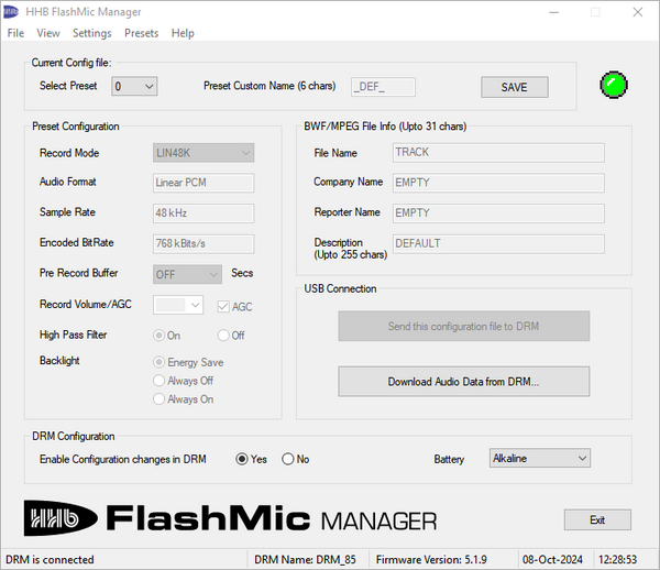 HHB DRM85-C Flash Mic Cardioid ENG Recording Condenser Cordless Microphone USB [Used]-www.prostudioconnection.com