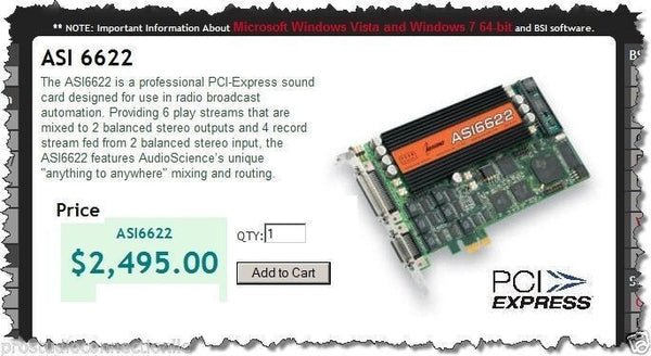 AudioScience ASI6622 PCIe Broadcast Multichannel AES Digital & Balanced Analog [Used]-www.prostudioconnection.com