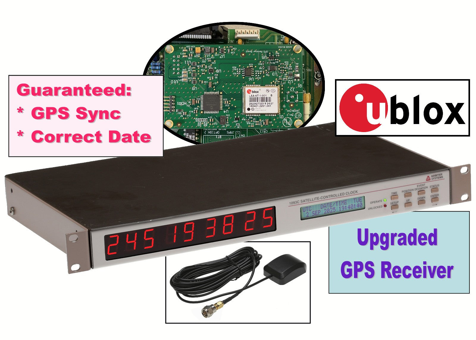 Arbiter Systems 1093C Opt 28 UPGRADED ublox GPS Time Clock Receiver LED Display [Used]-www.prostudioconnection.com