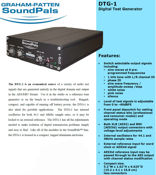 Graham Patten SoundPals DTG-1 AES/EBU Digital Audio Test Tone Signal Generator-www.prostudioconnection.com