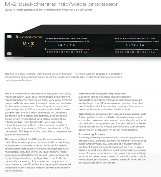 Wheatstone Vorsis M-2 AES Digital 96KHz Voice Processor Preamp Compressor M2-www.prostudioconnection.com