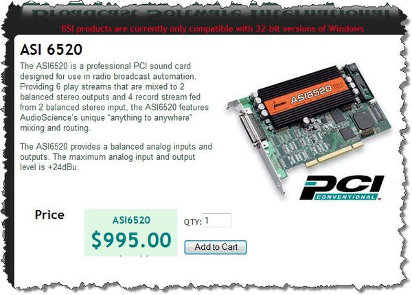 AudioScience ASI6520 Broadcast Balanced Analog XLR Multichannel PCI Sound Card [Refurbished]-www.prostudioconnection.com