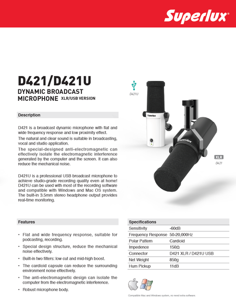 Superlux D421 Cardioid Dynamic Vocal Broadcast Microphone XLR - Shure SM7B Clone-www.prostudioconnection.com