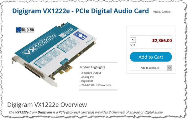 Digigram VX1222e 12 Channel AES Digital/Analog 192kHz 24Bit Broadcast Sound Card [Refurbished]-www.prostudioconnection.com