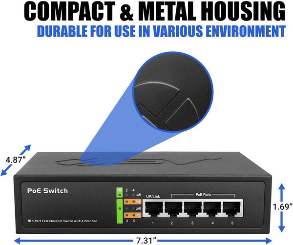 BV-Tech 5 Port POE-SW501 Network Switch 65W 48V 802.3af Power Over Ethernet NEW! [New]-www.prostudioconnection.com