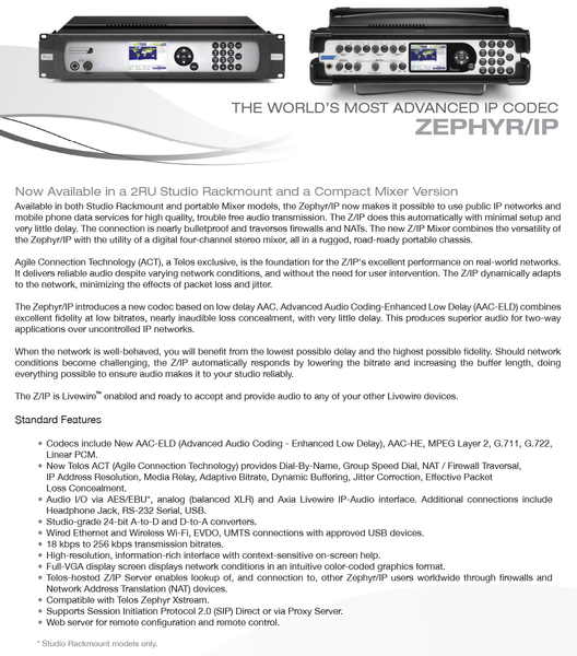 Telos Zephyr IP Audio Over IP AAC Codec Internet AES AoIP Transmission Endpoint-www.prostudioconnection.com