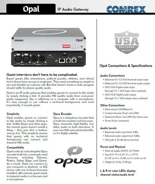 Comrex Opal Digital Wideband Broadcast Opus Codec 2-Line Audio Over IP Endpoint-www.prostudioconnection.com