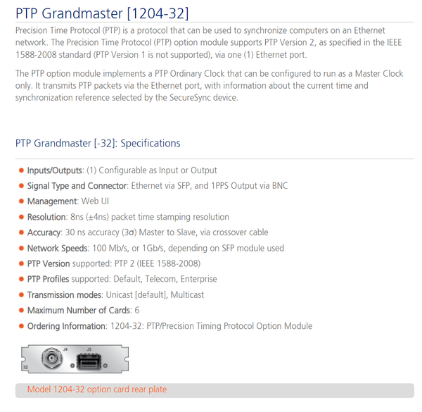 Spectracom Securesync 1204-32 PTP v2 Master Gigabit SFP Expansion Option Card [Used]-www.prostudioconnection.com