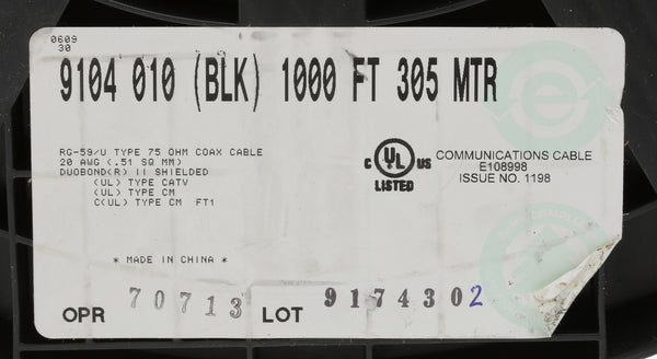 Belden 9104 Black 1000 Ft 75 Ohm RG59/U 20 AWG Coax Cable GPS Antenna Downlead-www.prostudioconnection.com