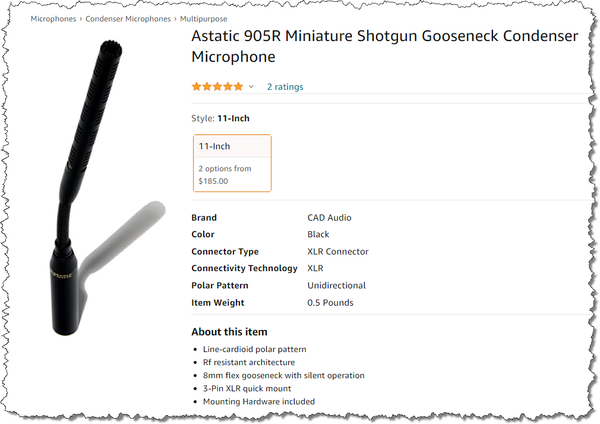 CAD Audio Astatic 905R 11" Flexible Gooseneck Condenser Shotgun Microphone - NEW-www.prostudioconnection.com