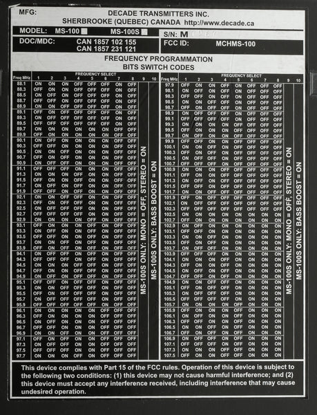 Decade MS-100S FM HiFi Stereo Low Power Transmitter PLL Frequency Agile LPFM-www.prostudioconnection.com