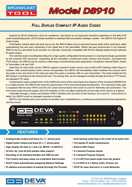 Deva DB910 Broadcast Audio Over IP Duplex Digital Internet Codec HE-AAC Endpoint-www.prostudioconnection.com