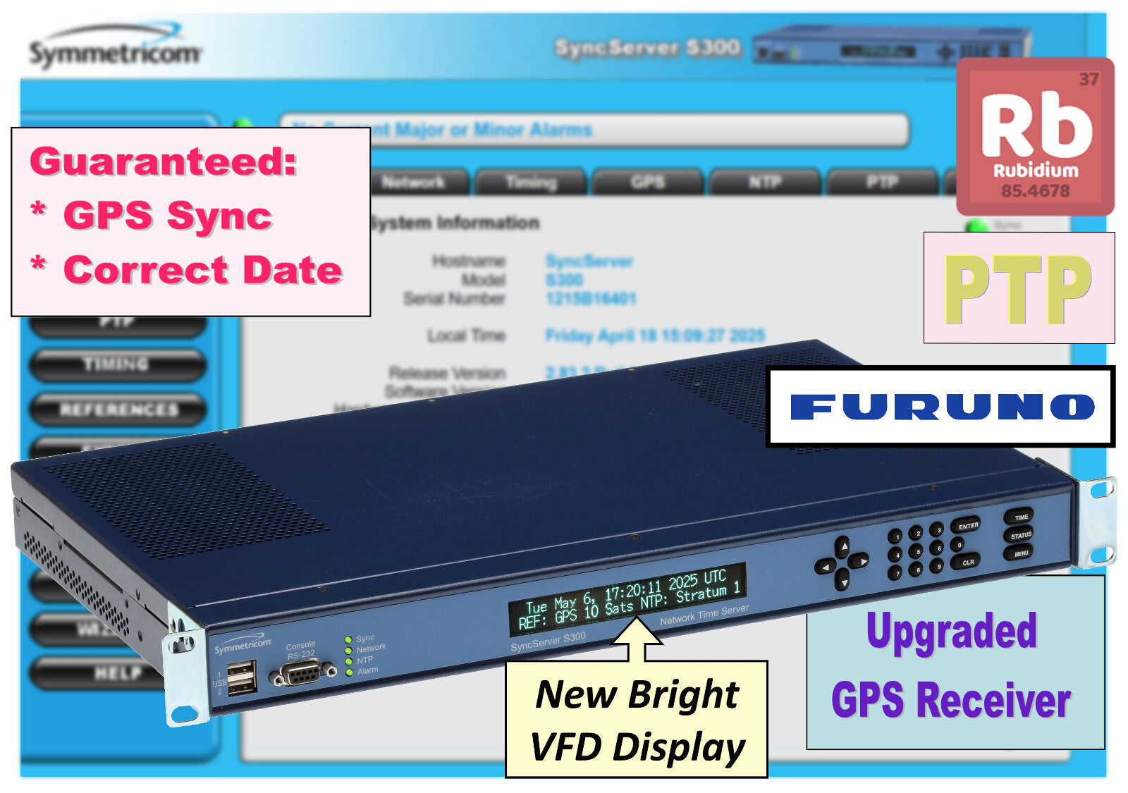Symmetricom SyncServer Rubidium PTP S300 UPGRADED Furuno GPS NTP Time Server Rb-www.prostudioconnection.com