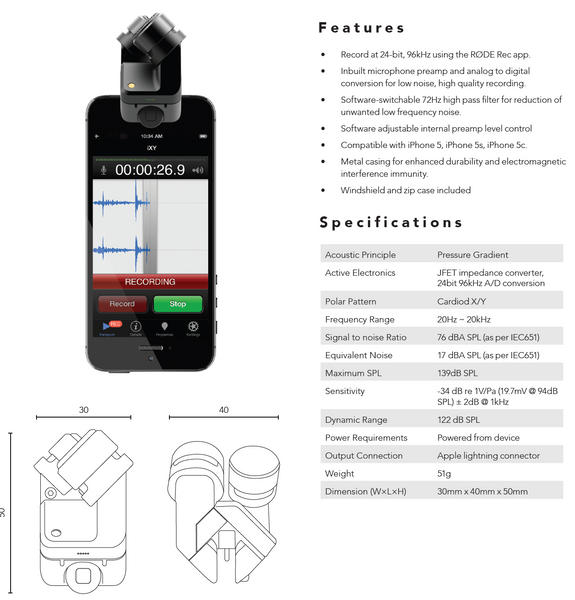 RODE i-XY 24/96 Stereo Condenser Microphone for iOS Lightning Devices NEW/SEALED [New]-www.prostudioconnection.com