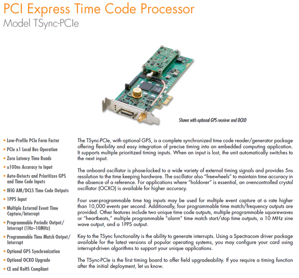 Spectracom TSync-PCIe TCXO GPS Receiver Computer Sync Card Timecode Processor [Used]-www.prostudioconnection.com