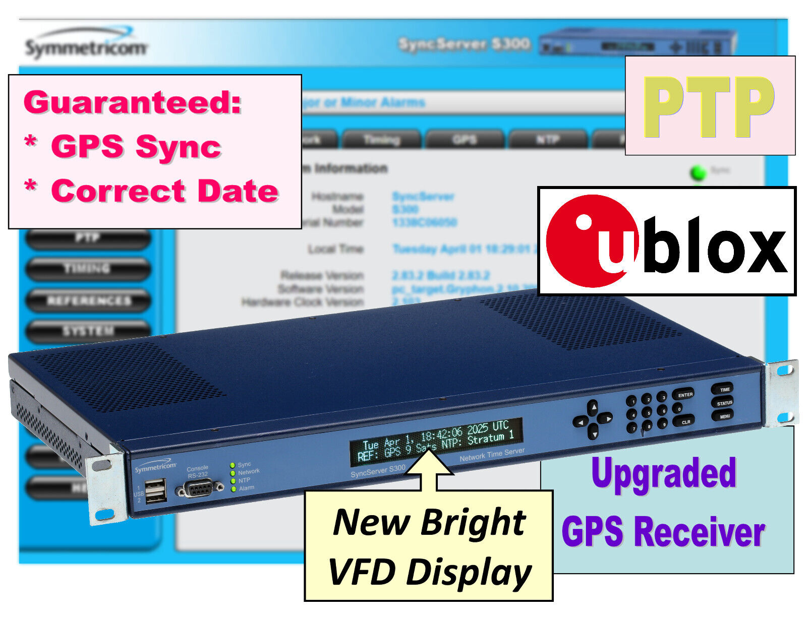 Symmetricom SyncServer PTP S300 UPGRADED GPS NTP Network Time Server NEW DISPLAY-www.prostudioconnection.com