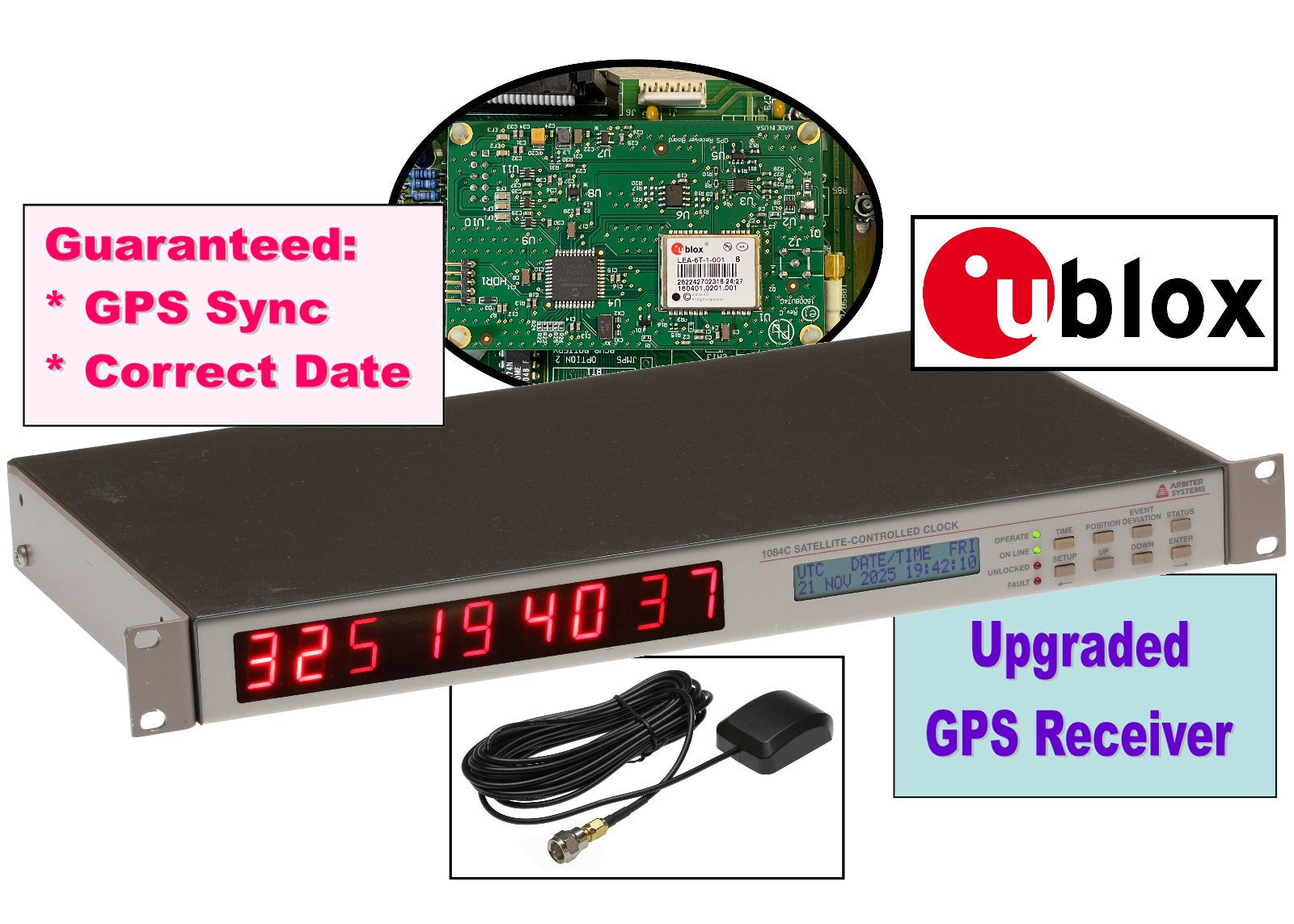 Arbiter Systems 1084C UPGRADED ublox GPS LED Clock Time Display IRIG-B Timecode [Refurbished]-www.prostudioconnection.com