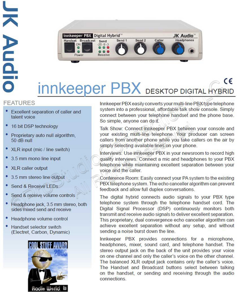 JK Audio Innkeeper PBX Digital Hybrid Broadcast Phone Handset Audio Interface-www.prostudioconnection.com