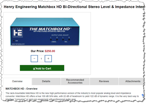 Henry Engineering Matchbox HD Pro Balanced XLR Unbalanced IHF RCA Converter-www.prostudioconnection.com