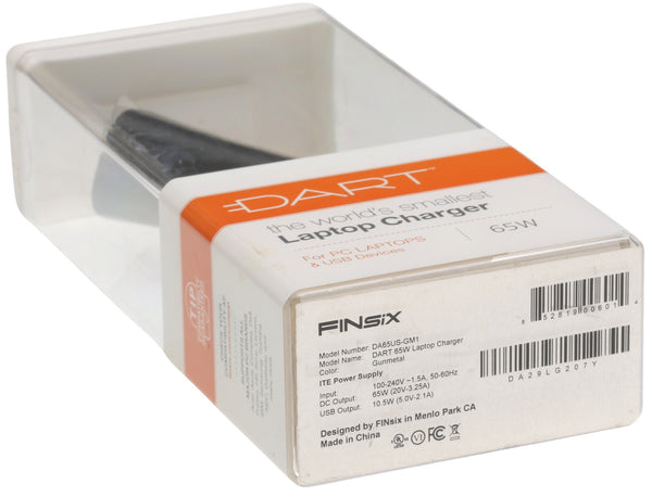 FINsix Dart 65W Gunmetal Compact Lightweight Travel Laptop Charger w/ Tips - NEW [New]-www.prostudioconnection.com