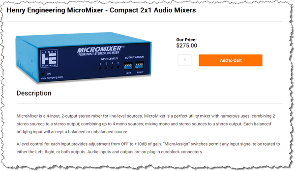 Henry Engineering MicroMixer 4 Stereo Channel Utility Mixer for Balanced Audio-www.prostudioconnection.com