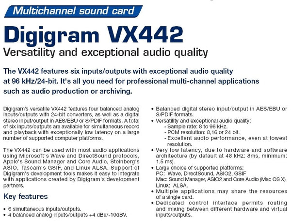 Digigram VX442 24/96KHz AES Digital Multichannel XLR Broadcast PCI Sound Card [Refurbished]-www.prostudioconnection.com