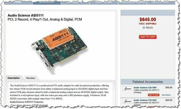 AudioScience ASI5111 Mic Preamp Card +2 XLR Cables AES Digital & Balanced Analog [Refurbished]-www.prostudioconnection.com